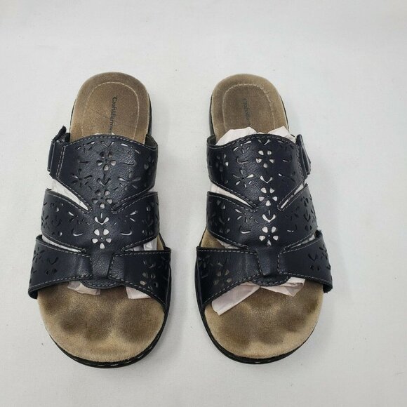 Croft and Barrow Women's Black Leather Floral Slides Sandals size 10 CM 26 - Picture 3 of 11
